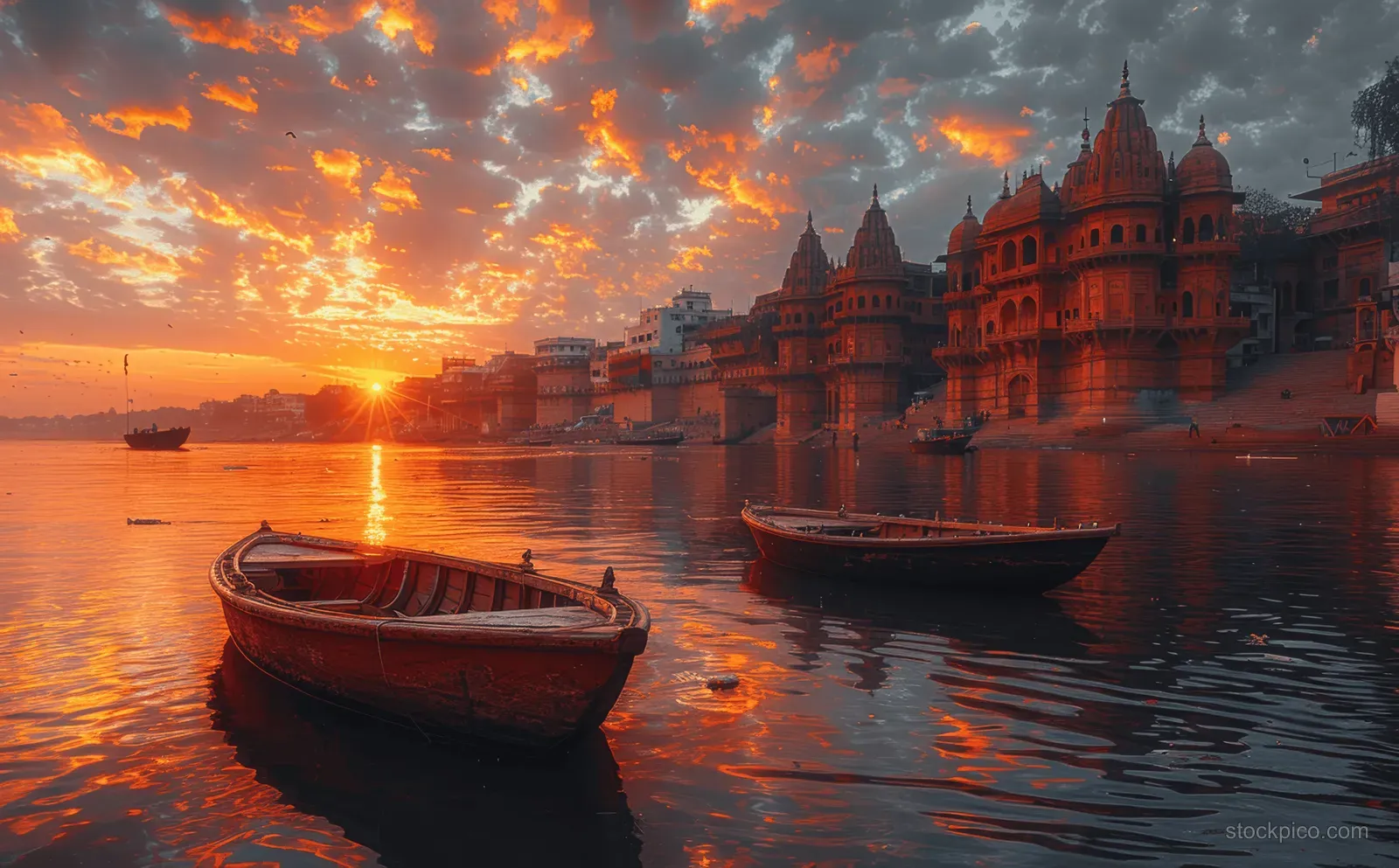 Wooden boats float at Varanasi’s ghat as historic temples line the riverfront under a glowing sunset sky.