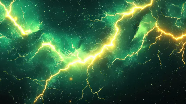 Green lightning bolts crackle across dark storm clouds with retro comic halftone impact