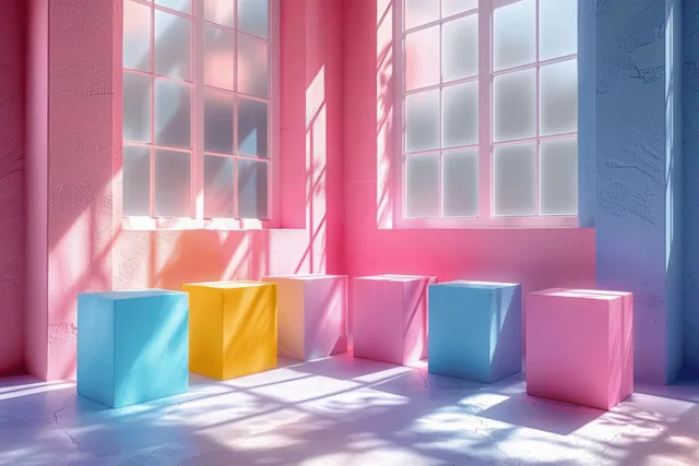 Pastel geometric cubes lit by window beams in a soft studio 3D scene