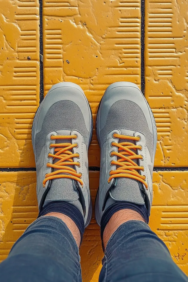 Orange and gray sneakers step on bright textured pavement with tactile guidance lines beside a gray-jean leg.