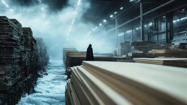 A hooded figure stands in a foggy warehouse aisle next to towering stacks of wooden planks and metal beams.