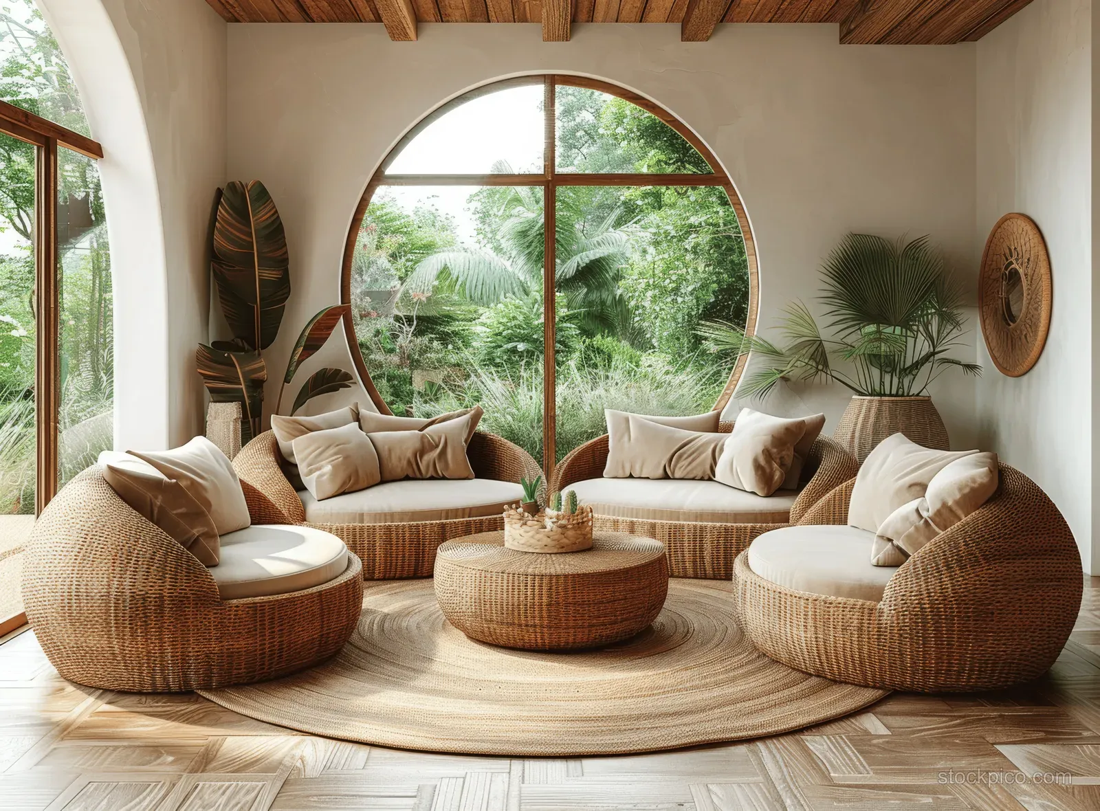 Beige curved sofa and rattan chairs surround a round coffee table in a bright coastal living room by an arched window.