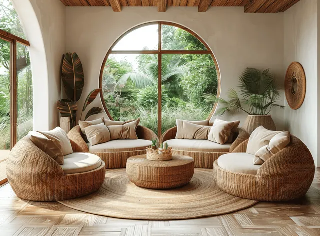 Coastal living room with beige curved sofa, round coffee table, rattan chairs, sunny window bay
