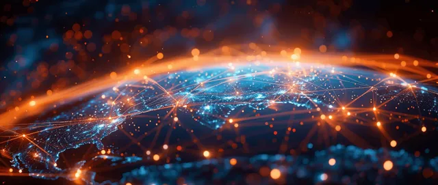 A glowing digital world map with connected data points and network lines surrounding a dark, futuristic Earth view.