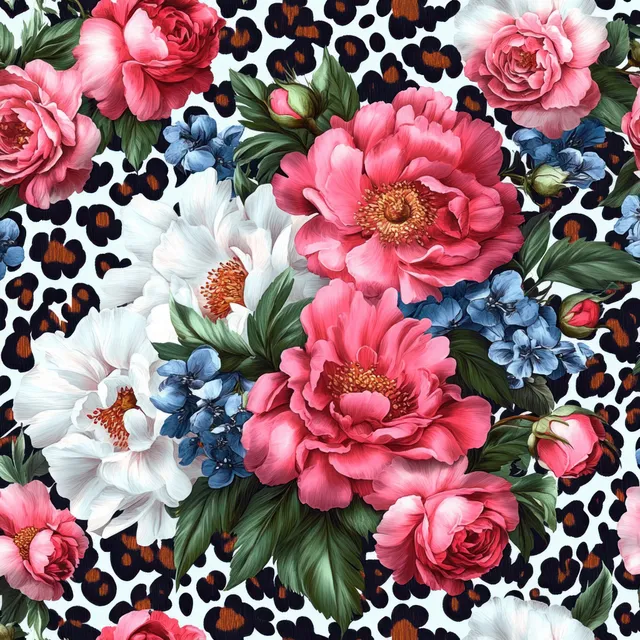 Watercolor peonies, roses, and leaves arranged over a black leopard print background.