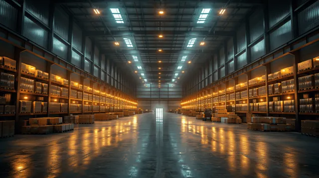 Forklift handles pallets in a night warehouse aisle between tall shelves of boxed inventory.