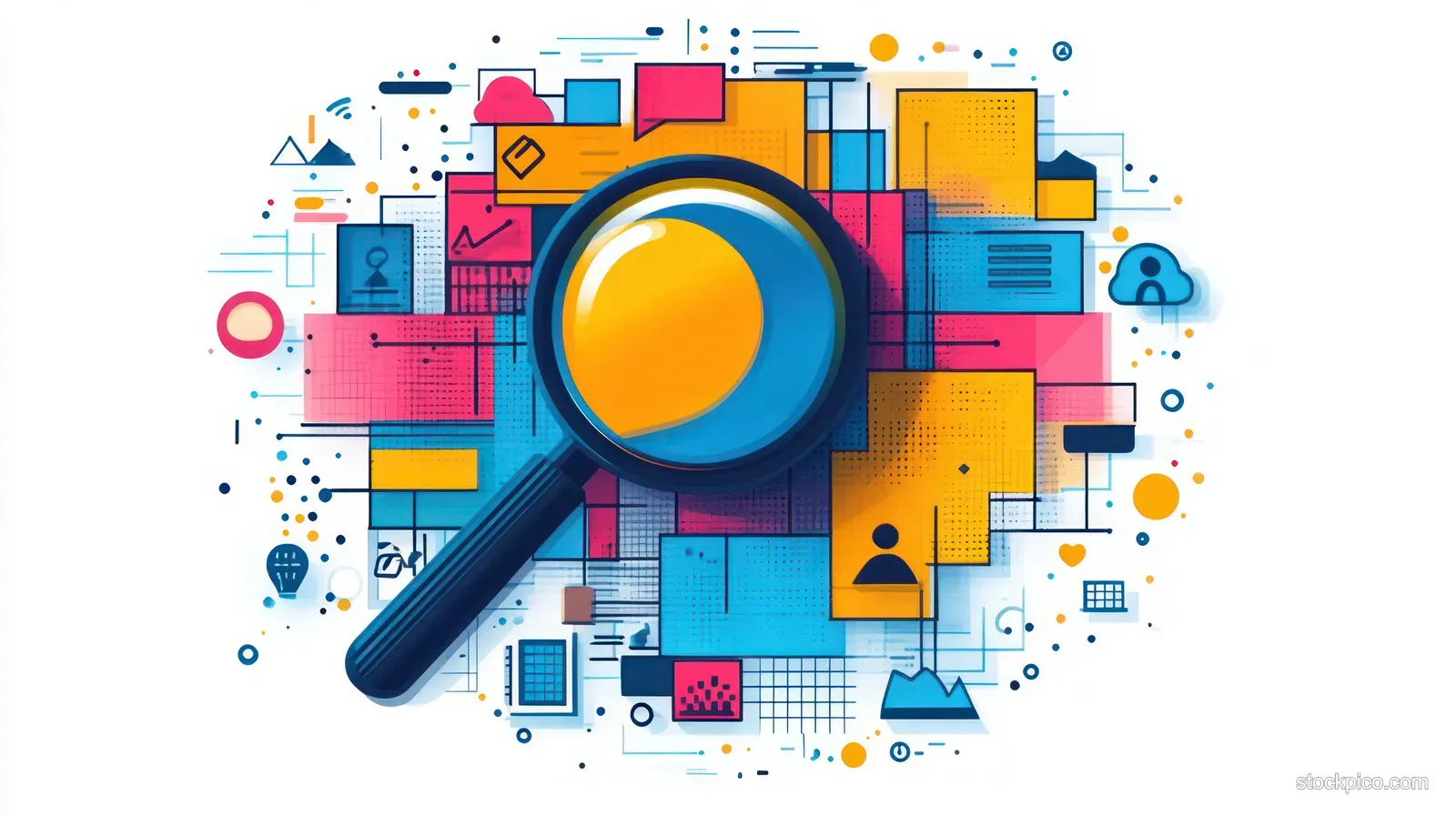 Magnifying glass focuses on a yellow circle surrounded by colorful job tiles and small icons for recruitment search.