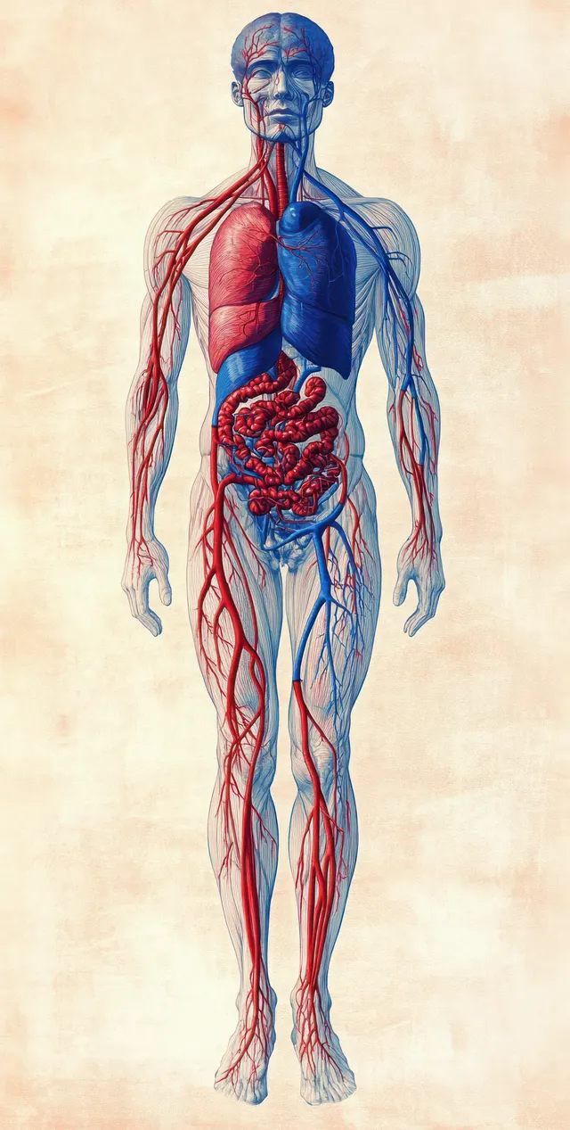 Front-view cutaway figure showing red arteries, blue veins, and a highlighted heart inside the torso against a pale background.