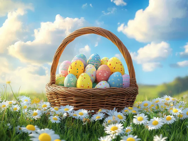 A wicker basket filled with decorated Easter eggs rests among daisies under a blue sky with fluffy clouds.