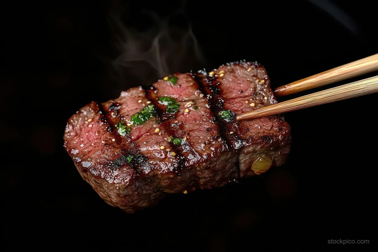 Grilled steak piece held by chopsticks with charred grill marks, herbs, and steam rising on a dark background.