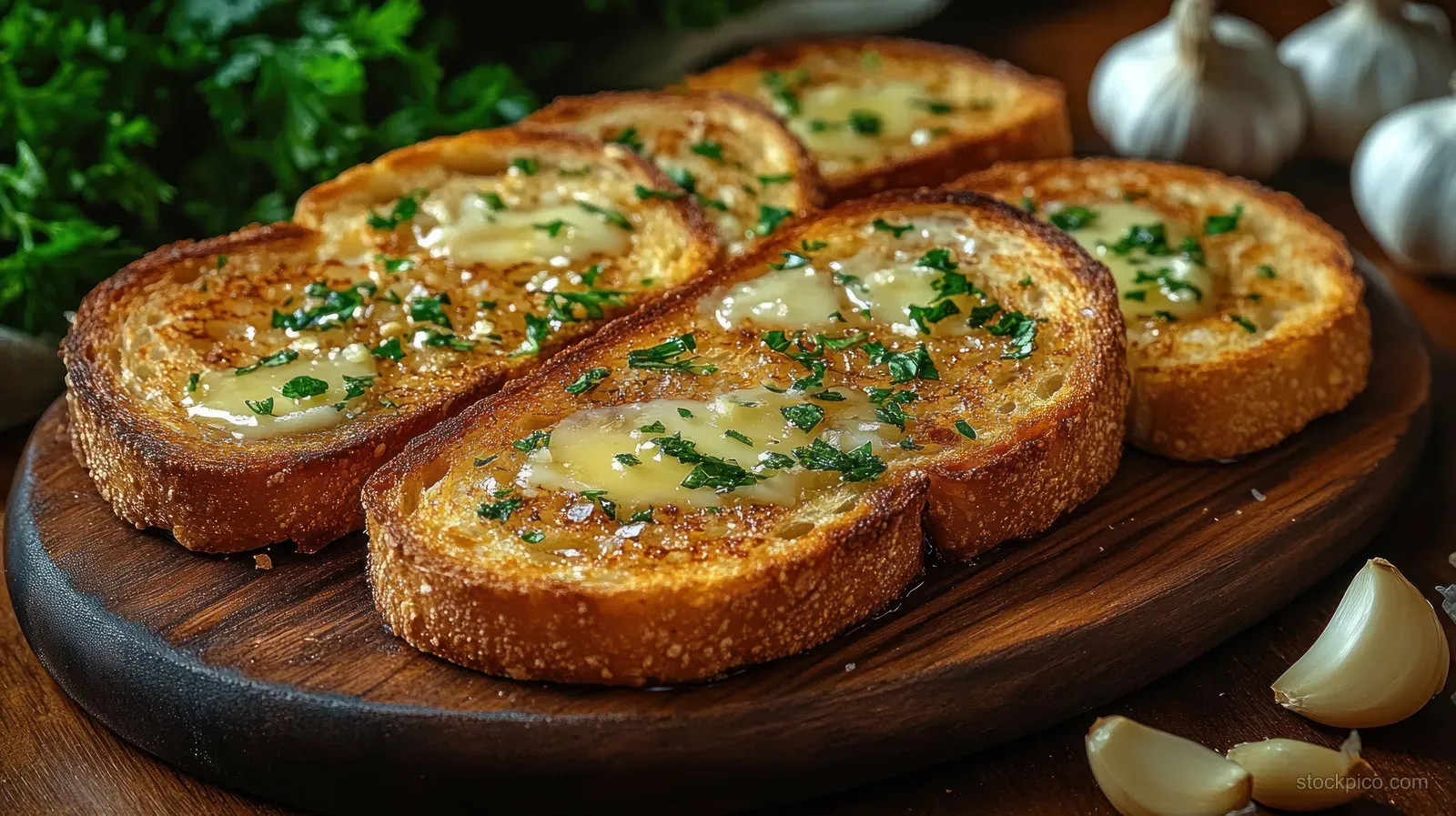 Toasted bread slices with melted butter and chopped herbs sit on a wooden board beside garlic and parsley.