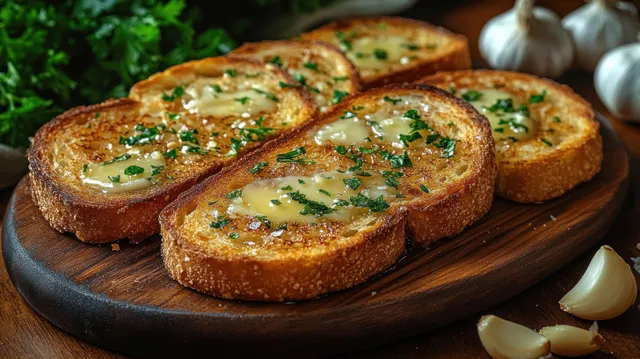 Toasted bread slices with melted butter, chopped herbs, and garlic on a wooden board