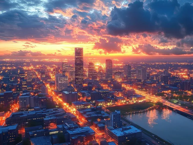 Omaha Nebraska downtown skyline at sunset aerial view over river with glowing office towers with Riverfront City Views