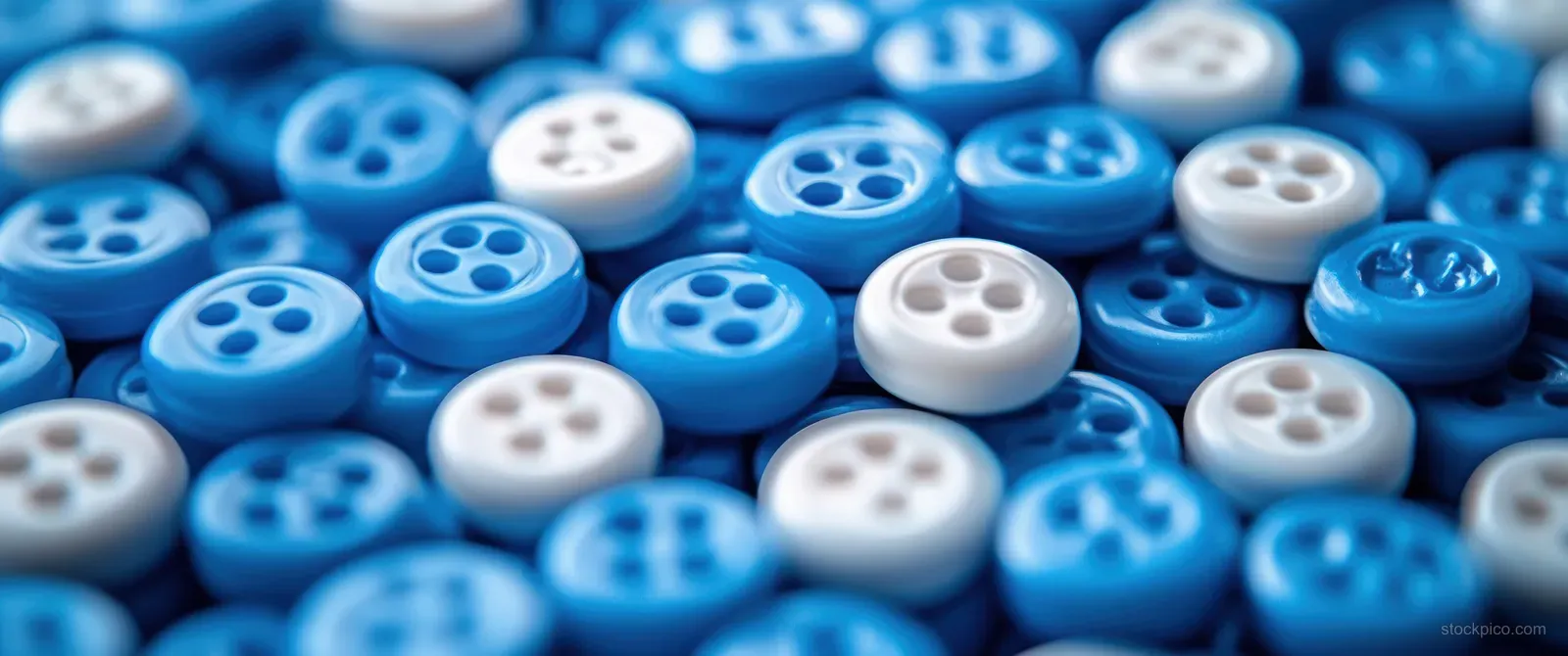 Blue and white sports team buttons piled on a tabletop with soft diffused light.