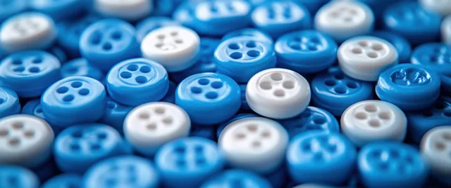 Blue and white sports team buttons piled on a tabletop with soft diffused light.