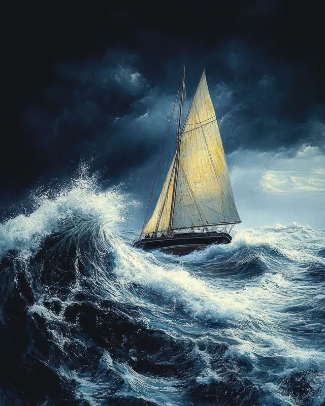 A sailboat with glowing yellow sails navigates foamy waves beneath dark storm clouds.