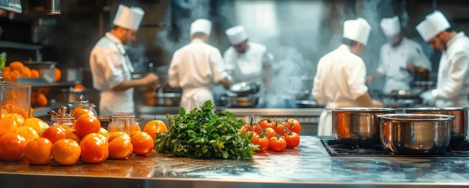 Chefs in white uniforms cook on stoves while fresh tomatoes, oranges, and herbs sit on a kitchen counter amid steam.