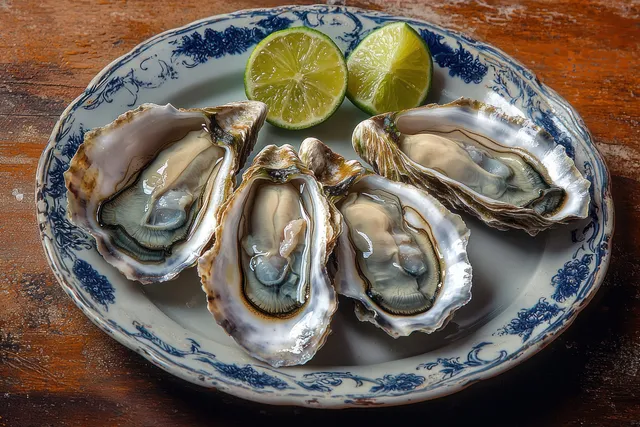 Plate of five raw oysters with lime halves on rustic wooden table