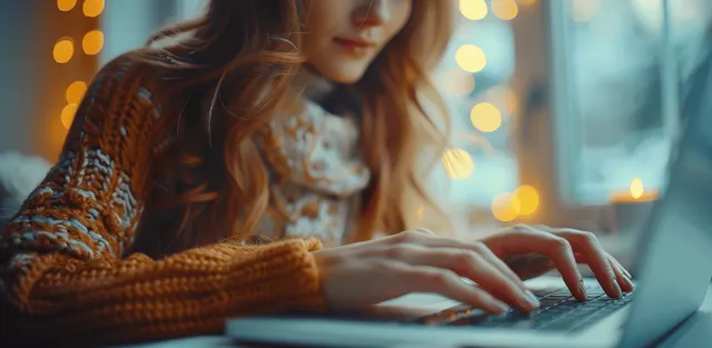 Woman typing on laptop beside tablet in softly lit office