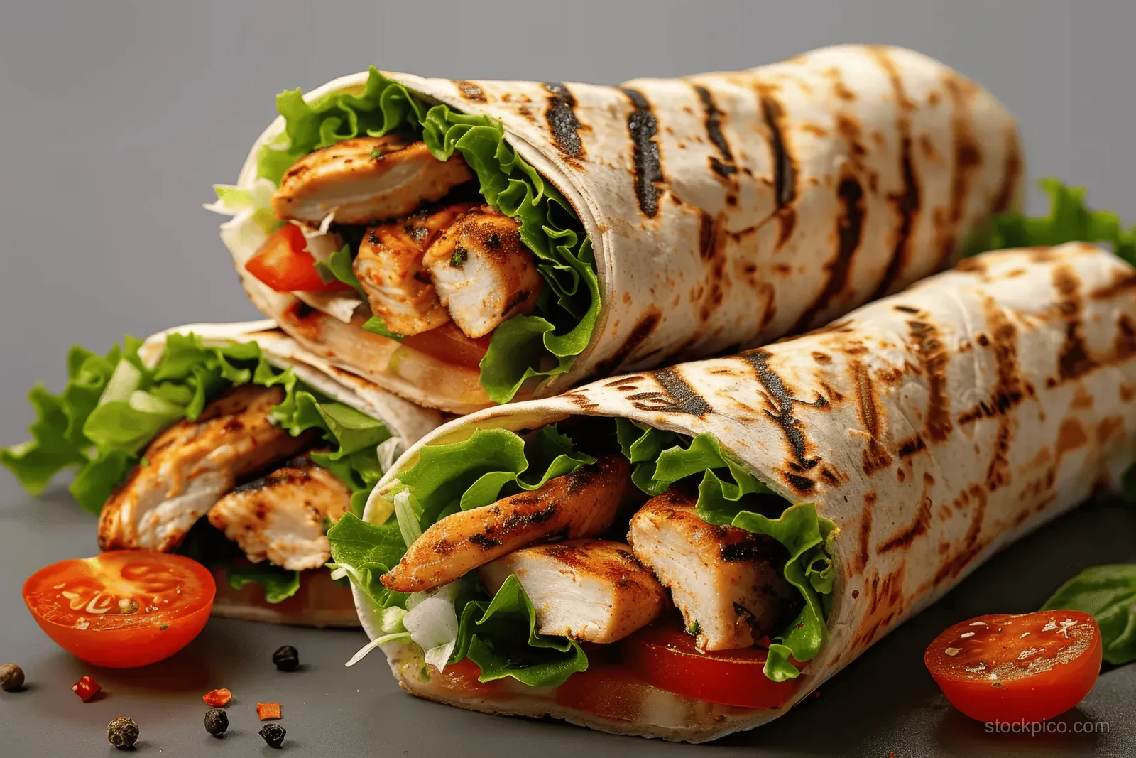Two grilled chicken wraps on a plate with lettuce and tomato, showing charred grill streaks on tortillas.