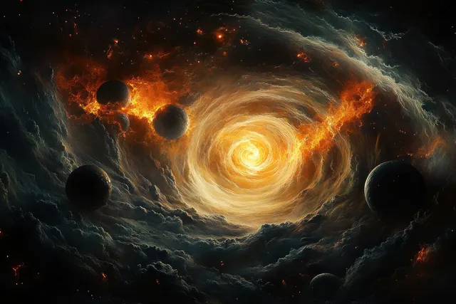 A glowing orange cosmic vortex swirls through deep space with dark planets and fiery nebula clouds.
