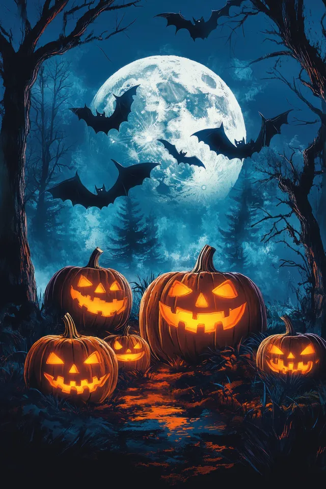 Carved jack-o'-lanterns glow along a misty forest path under a full moon and dark tree silhouettes.