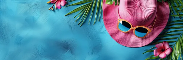 Pink beach hat with sunglasses and tropical leaves over azure blue background with copy space