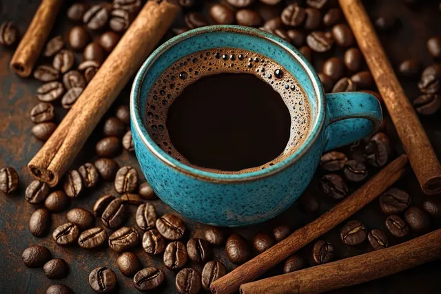 Blue ceramic cup of black coffee with cinnamon sticks and beans