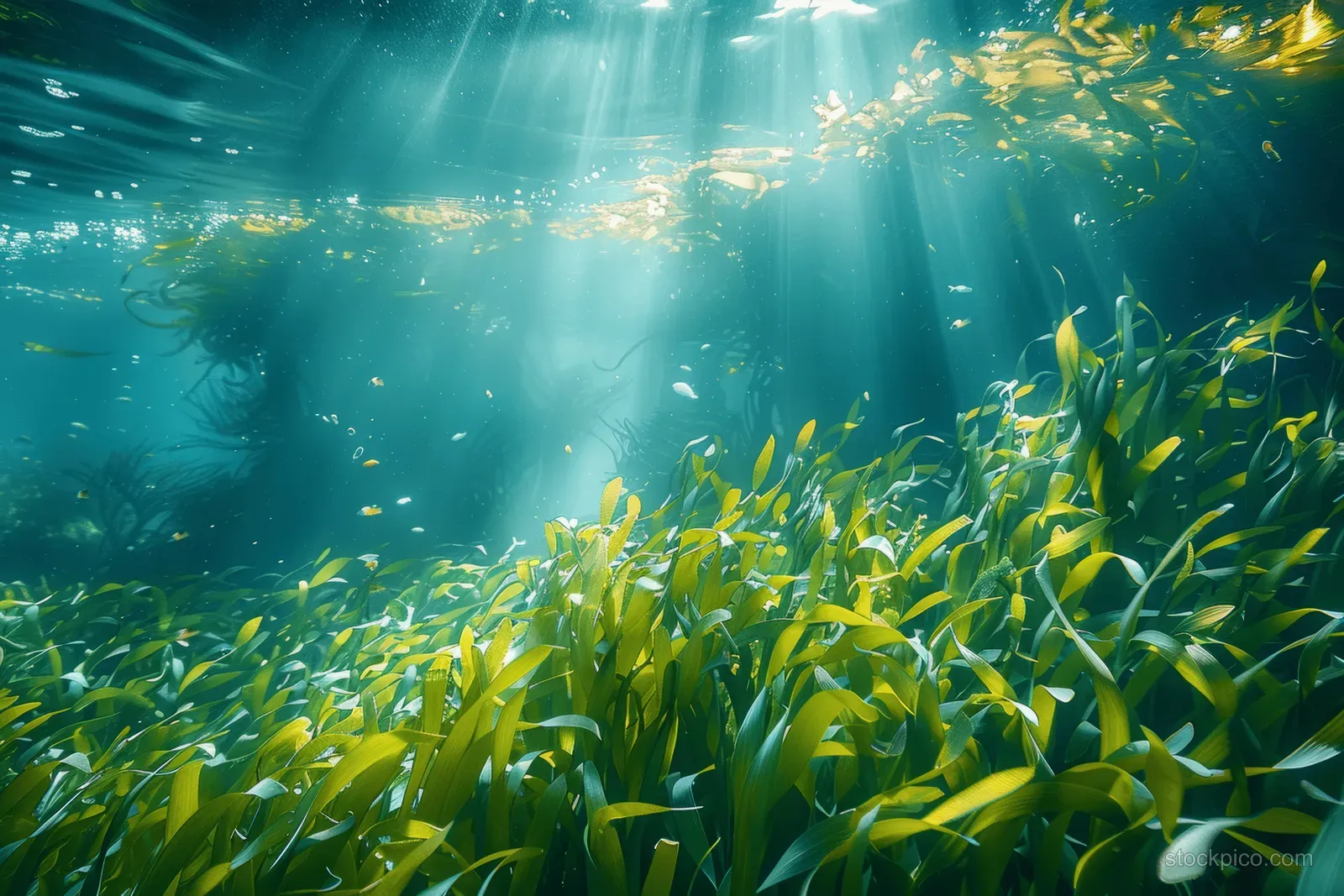 Green seagrass and seaweed sway underwater as sunlight streams through clear blue water.