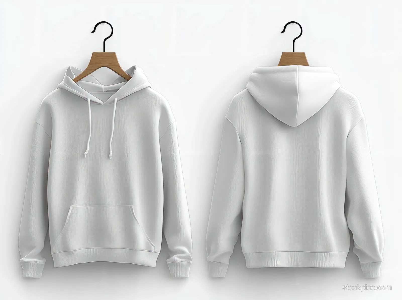 White hoodie hanging on wooden hangers, showing front and back on a clean light background.