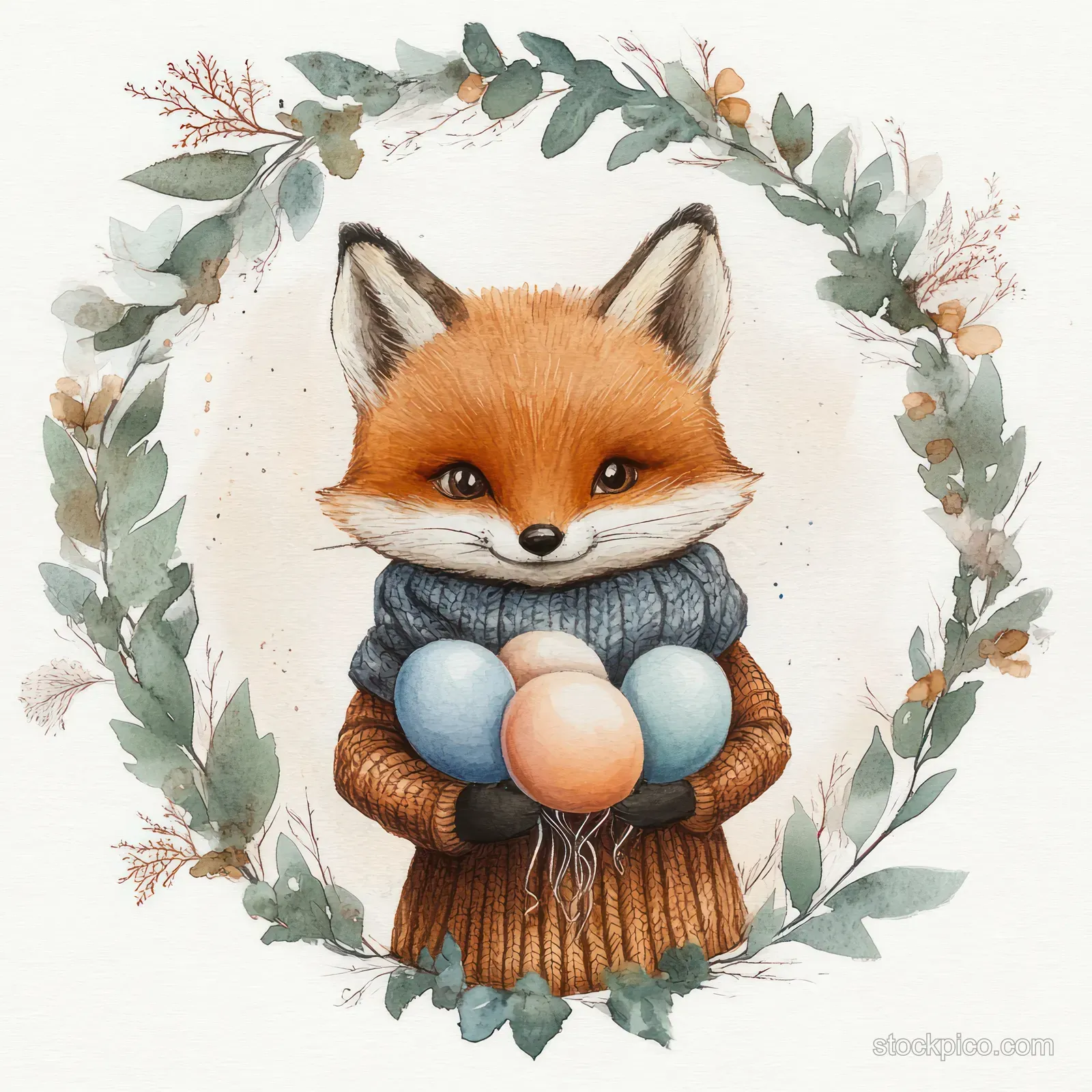 A cute fox in a blue scarf and orange sweater holds pastel balloons within a leafy wreath.
