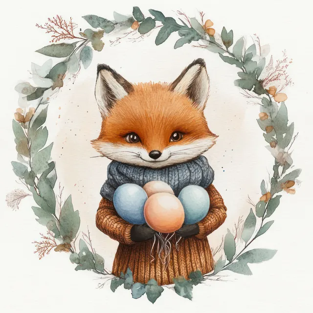 A cute fox in a blue scarf and orange sweater holds pastel balloons within a leafy wreath.