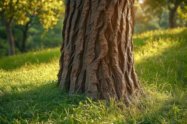Close-up tree trunk with rugged bark and sunlit grass in a peaceful forest clearing
