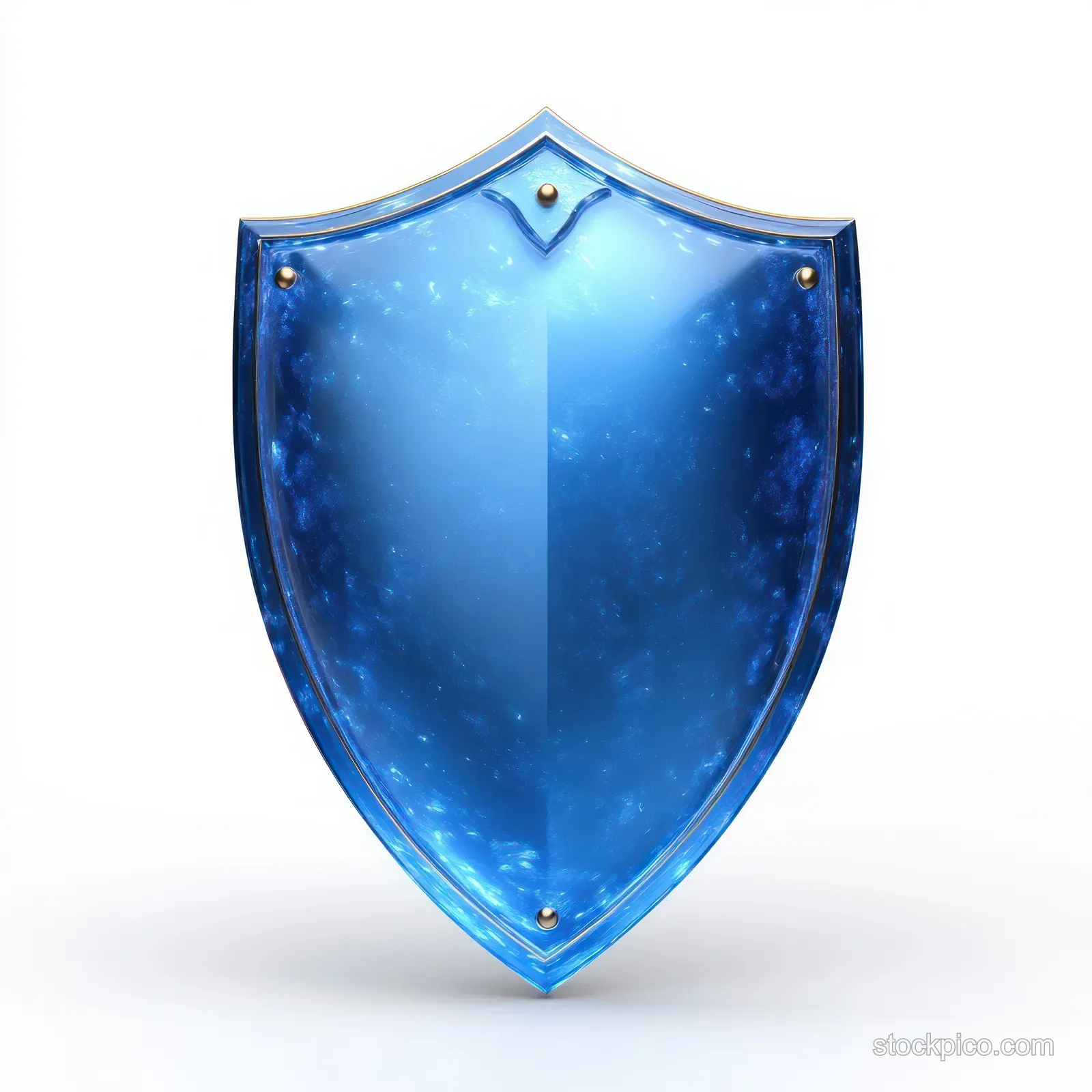 A glowing blue shield emblem on a white background with digital mesh particles around it.