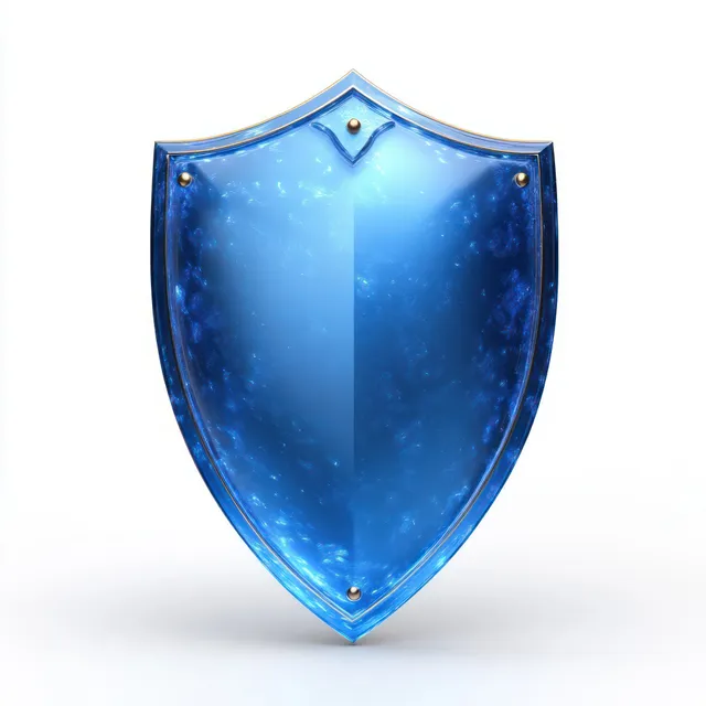A glowing blue shield emblem on a white background with digital mesh particles around it.
