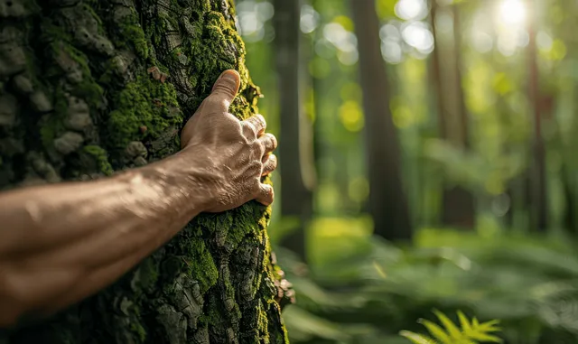 A hand gently touches a mossy tree trunk in a sunlit forest with soft green bokeh.