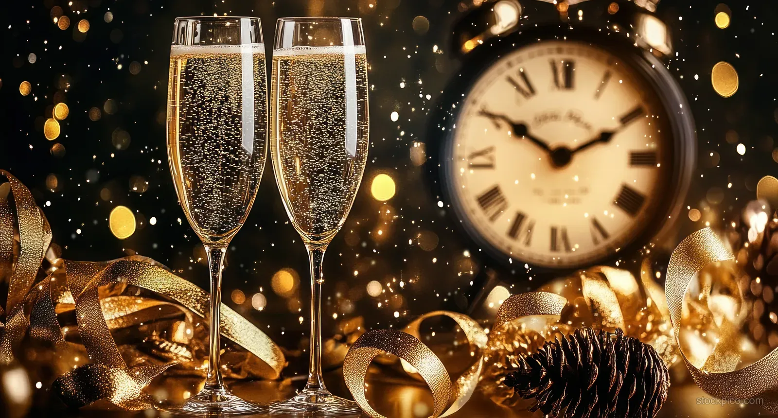 Champagne flutes and a vintage midnight clock surrounded by golden confetti and warm bokeh lights.
