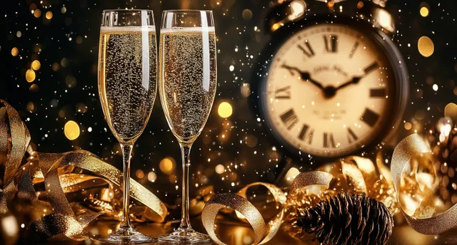 Champagne flutes and a vintage midnight clock surrounded by golden confetti and warm bokeh lights.