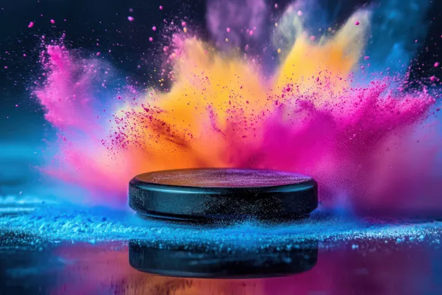 Black hockey puck surrounded by explosive pink, orange, and blue colored powder on a reflective surface.