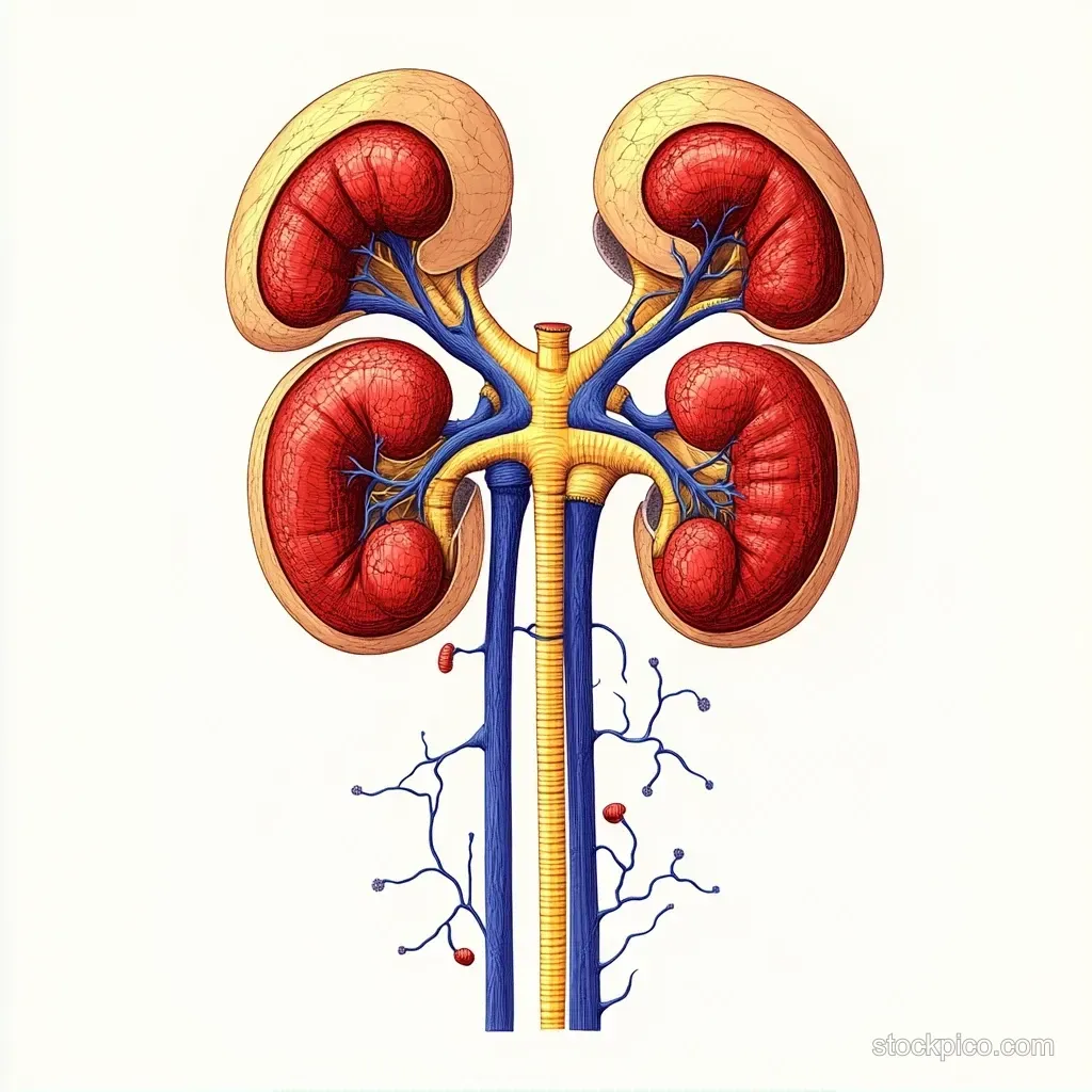 Four kidneys diagram showing ureters leading downward with connected blue blood vessels and internal renal regions.