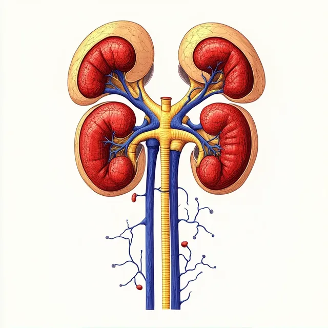 Four kidneys anatomical diagram with ureters and blue blood vessels showing urine pathways
