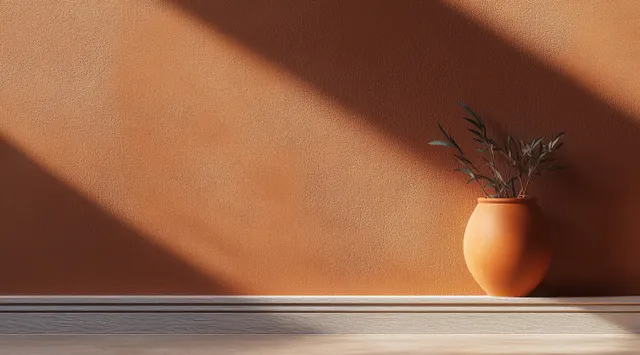 Minimal still life with terracotta vase on concrete ledge under warm sunlight shadows