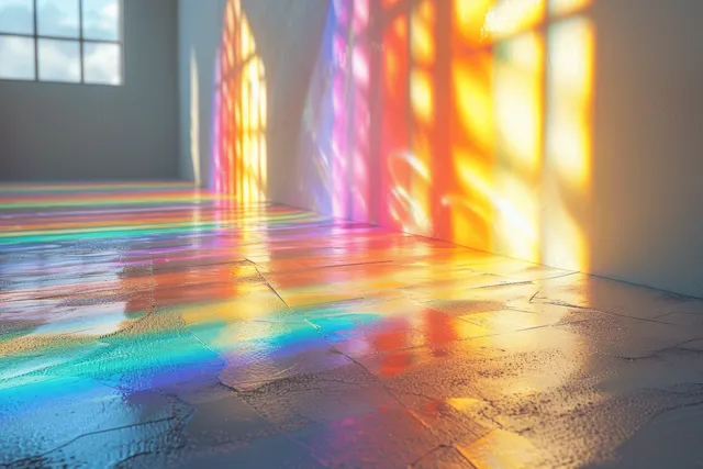 Rainbow holographic light rays flare across a glossy white floor in a minimalist indoor hallway.