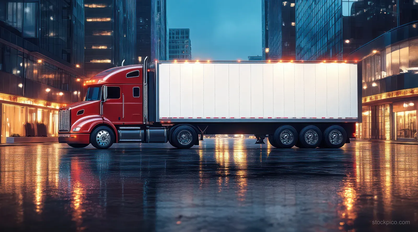 Red semi-truck with a white trailer parked on a wet city street at night.