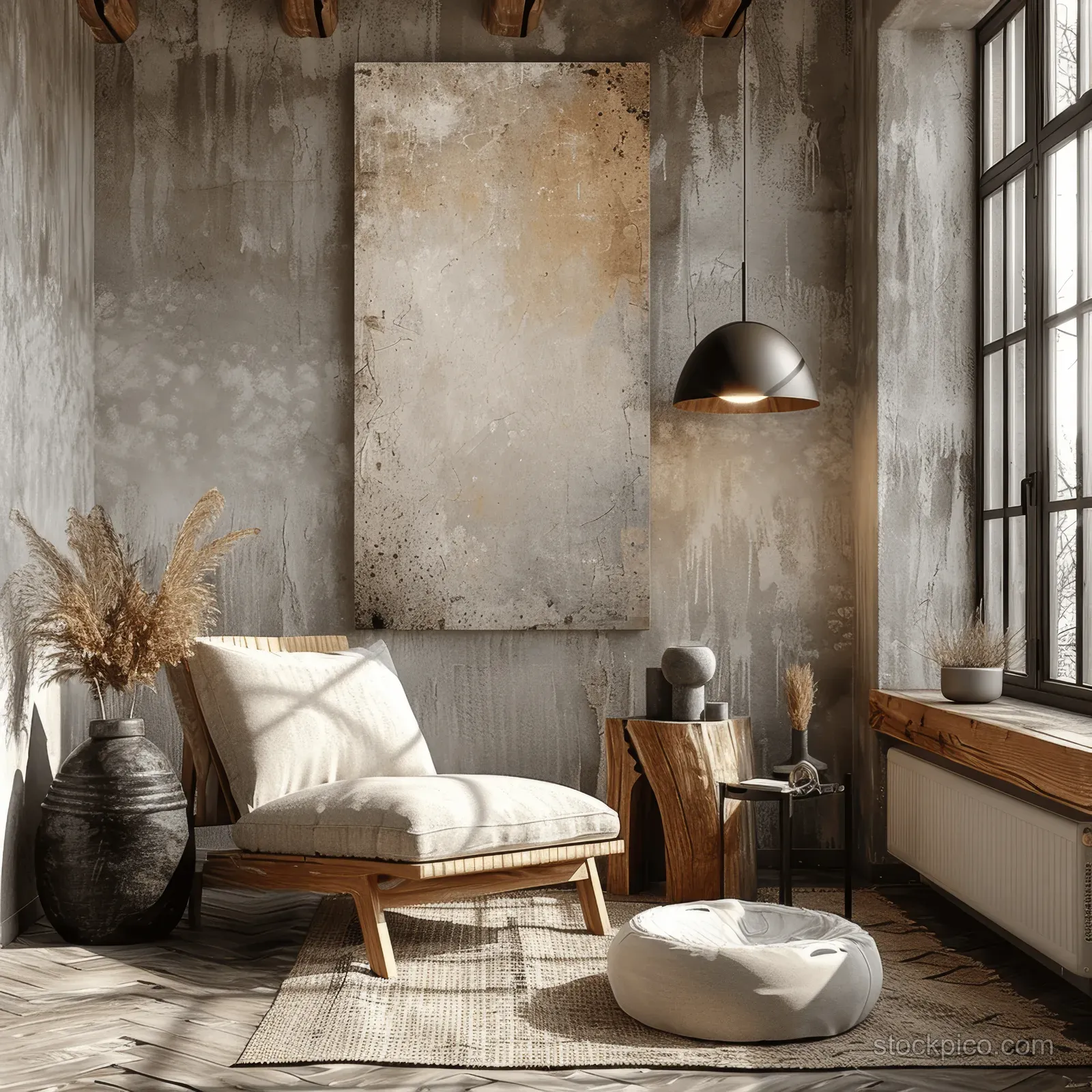 Beige armchair and wood side table in a Scandinavian living room with framed abstract art on a textured stucco wall.
