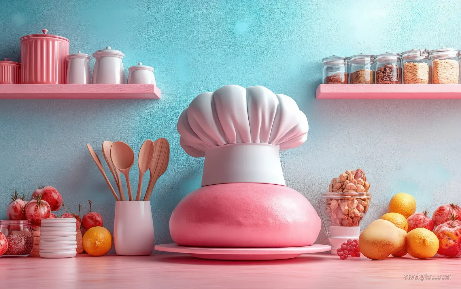 A pink chef hat and wooden utensils sit on a pastel kitchen counter with fruit and jars.