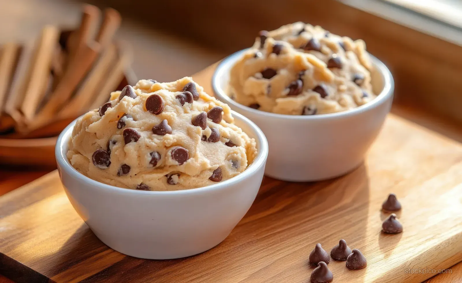 Two white bowls of creamy chocolate chip cookie dough on a wooden board with chocolate chips scattered around.