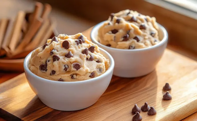 Two white bowls of creamy chocolate chip cookie dough on a wooden board with chocolate chips scattered around.
