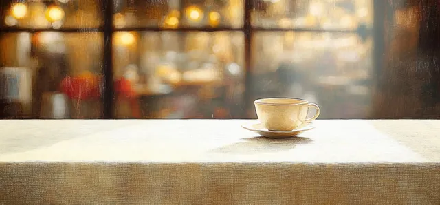 A cup of coffee on a saucer on a white tablecloth with warm blurred café lights behind it.