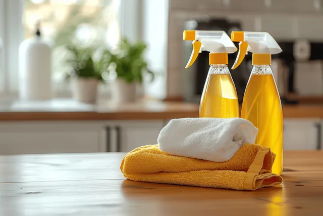 Eco-friendly cleaning spray bottles and microfiber cloths on wooden table in kitchen